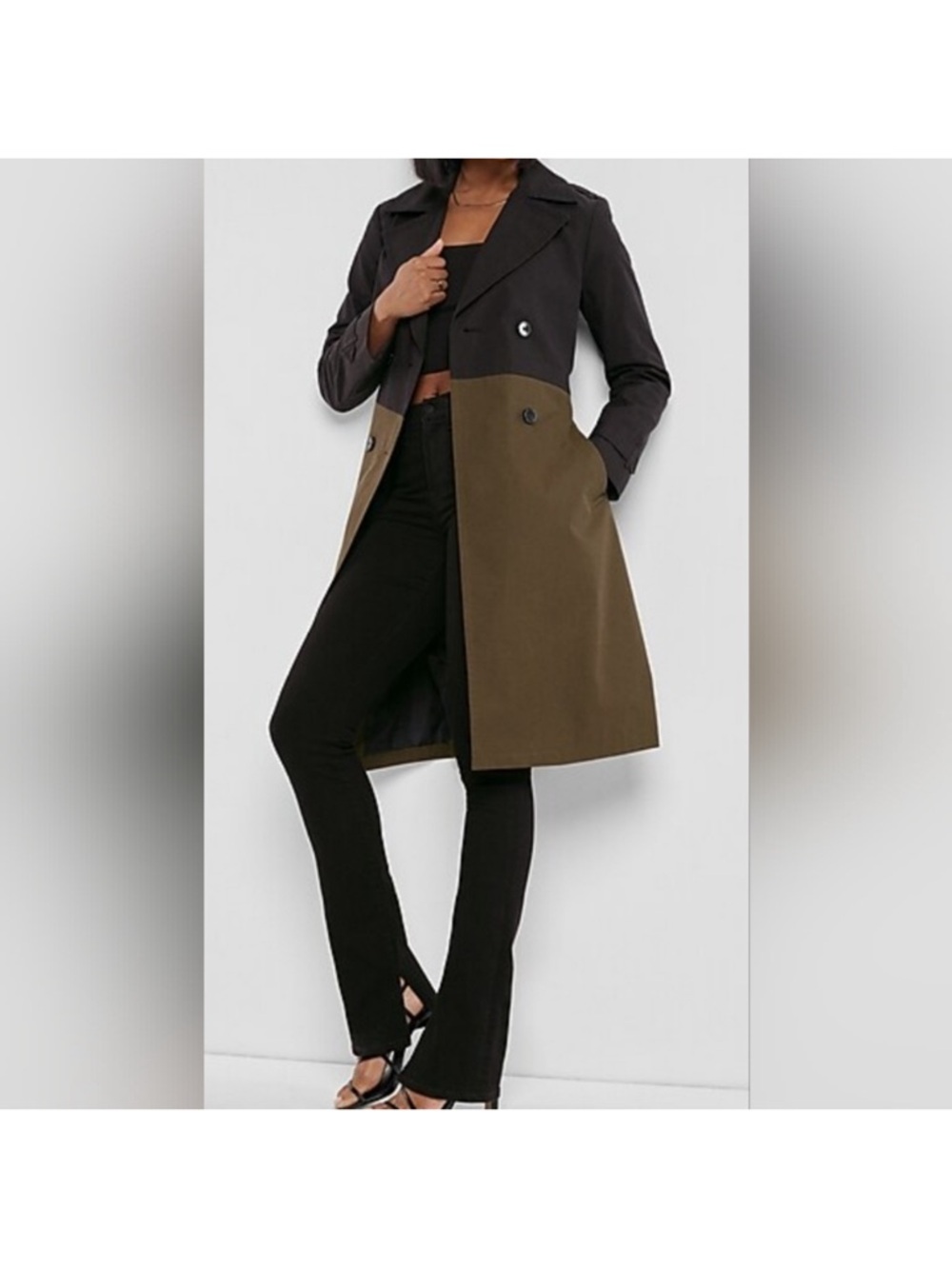 Express xs olive green and black belted trench
